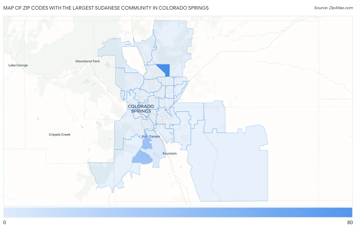 Zip Codes with the Largest Sudanese Community in Colorado Springs Map