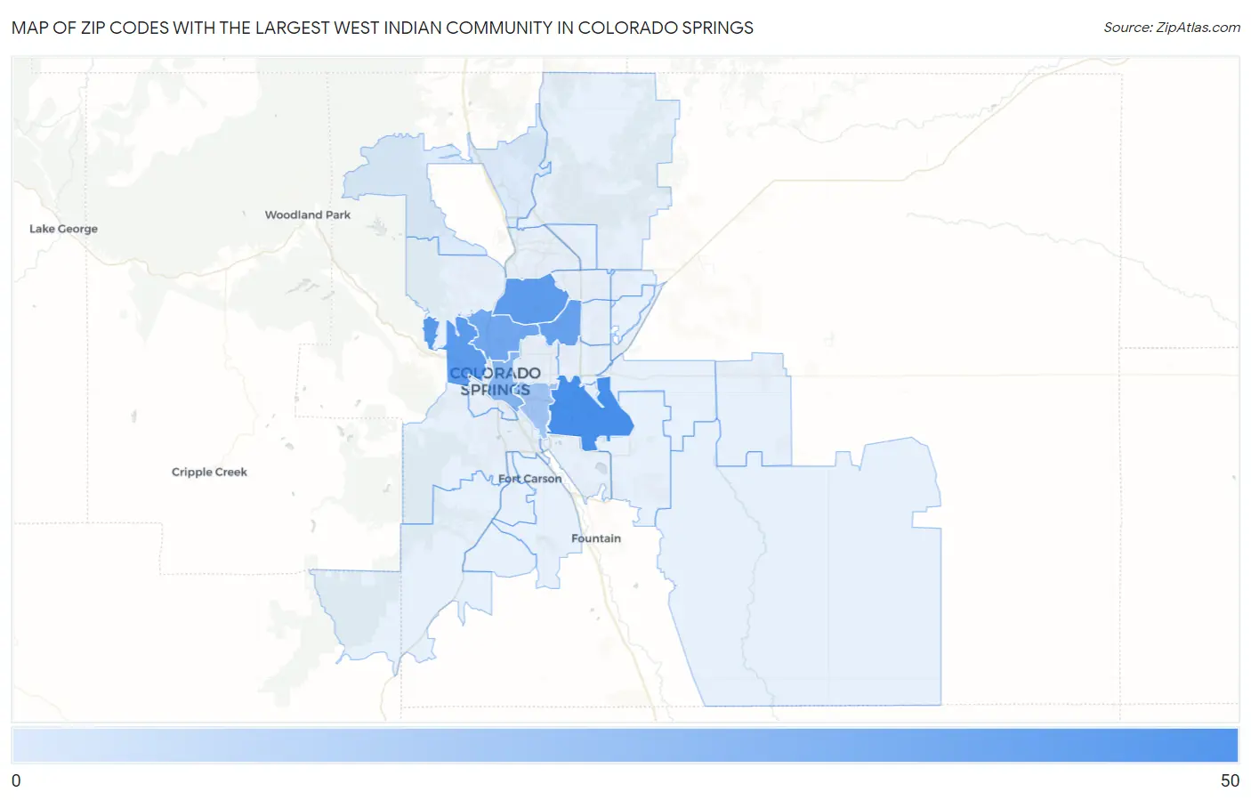 Zip Codes with the Largest West Indian Community in Colorado Springs Map