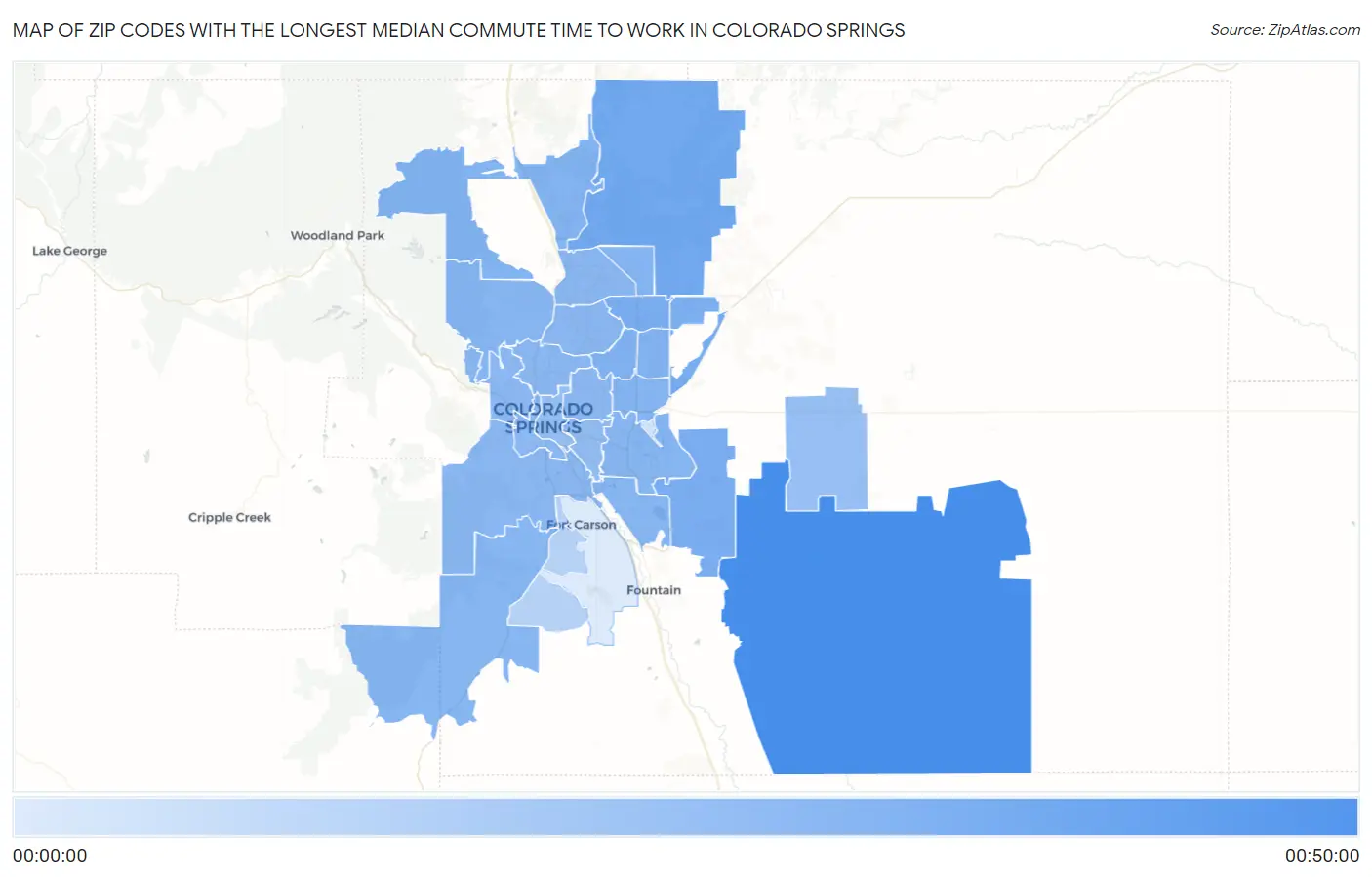Zip Codes with the Longest Median Commute Time to Work in Colorado Springs Map