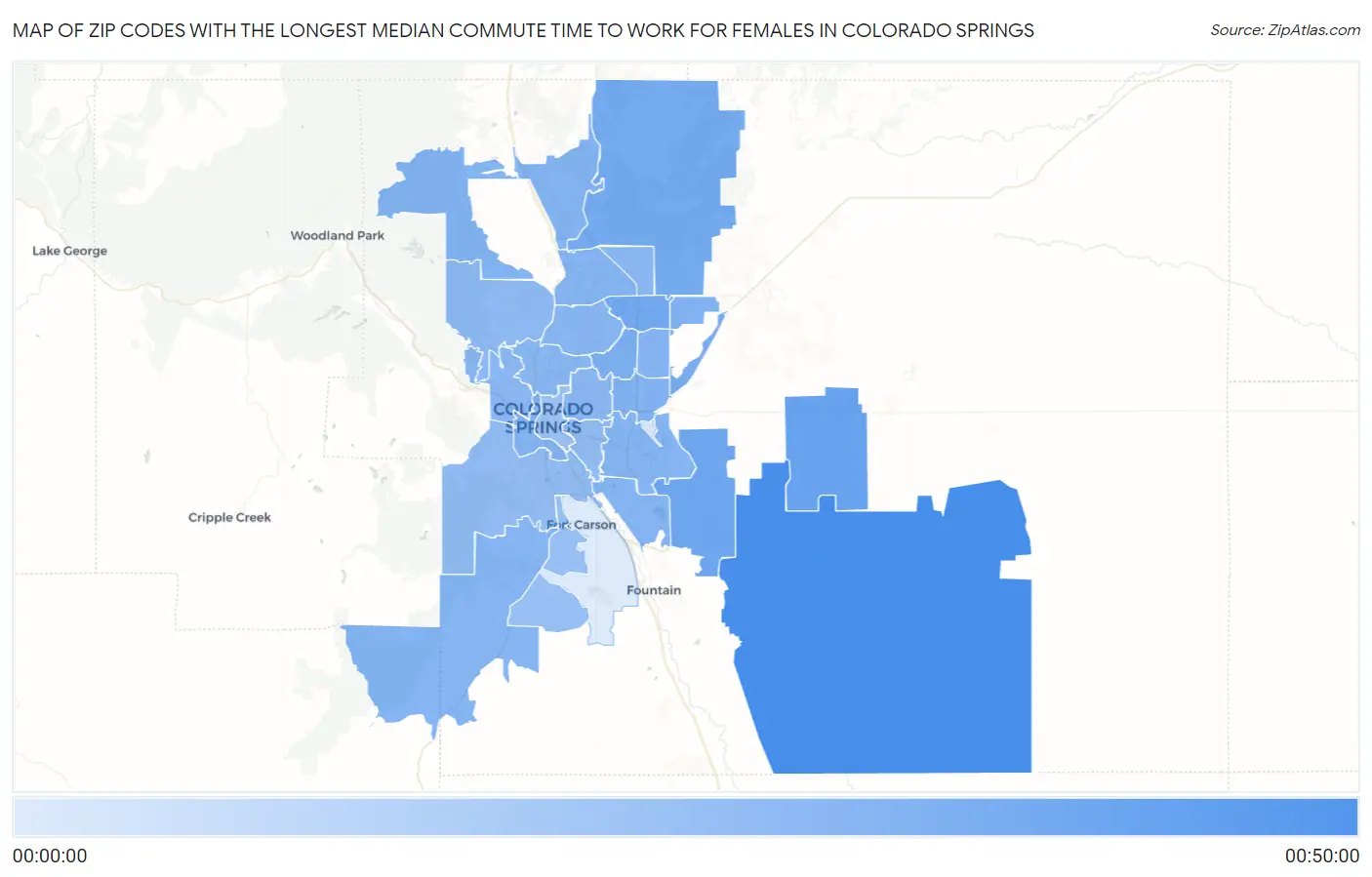 Zip Codes with the Longest Median Commute Time to Work for Females in Colorado Springs Map