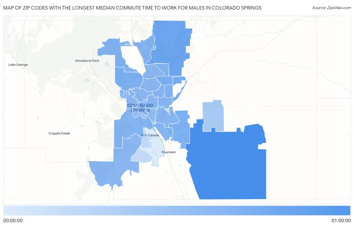 Zip Codes with the Longest Median Commute Time to Work for Males in Colorado Springs Map