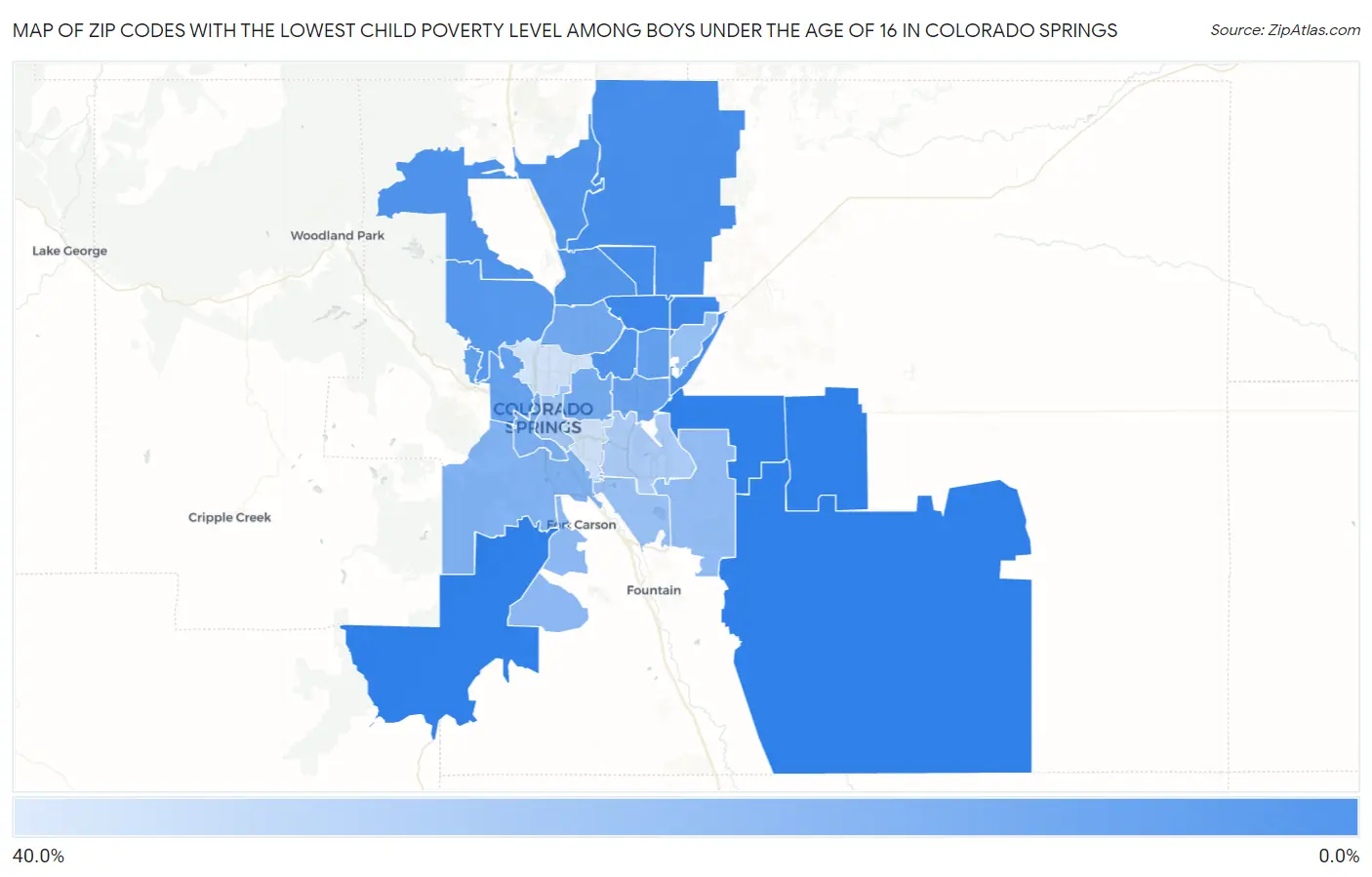 Zip Codes with the Lowest Child Poverty Level Among Boys Under the Age of 16 in Colorado Springs Map