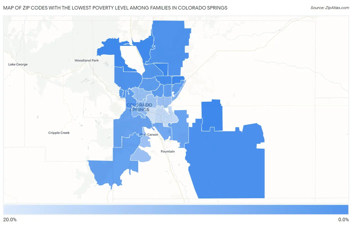 Zip Codes with the Lowest Poverty Level Among Families in Colorado Springs Map