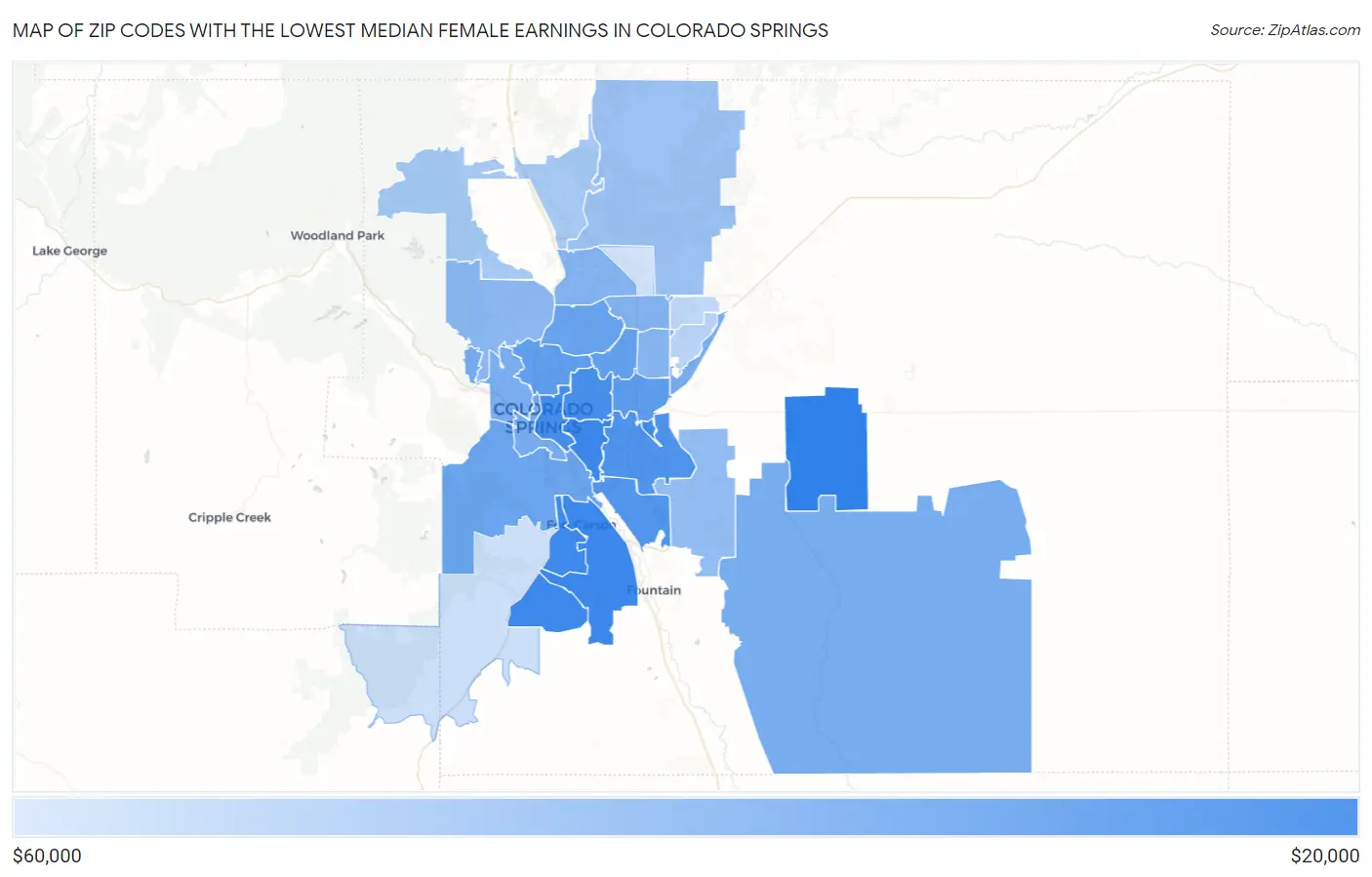 Zip Codes with the Lowest Median Female Earnings in Colorado Springs Map