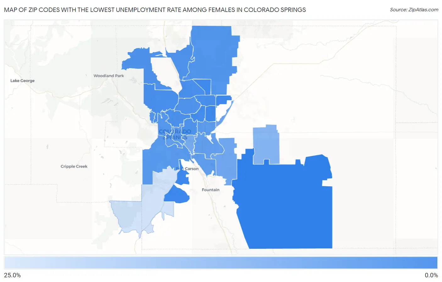 Zip Codes with the Lowest Unemployment Rate Among Females in Colorado Springs Map