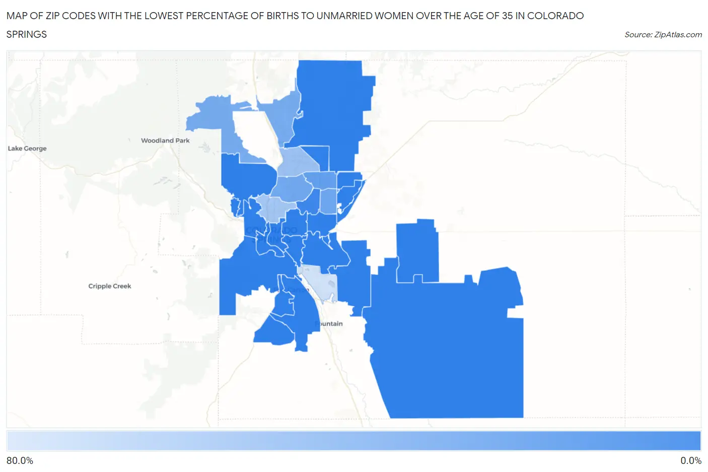 Zip Codes with the Lowest Percentage of Births to Unmarried Women over the Age of 35 in Colorado Springs Map