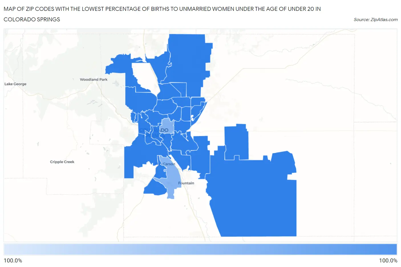 Zip Codes with the Lowest Percentage of Births to Unmarried Women under the Age of under 20 in Colorado Springs Map