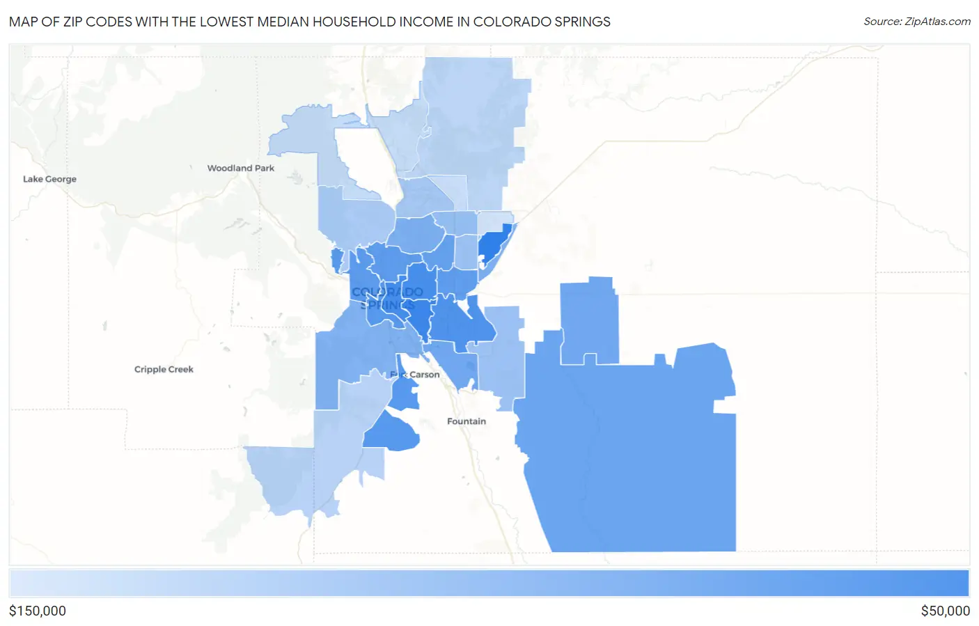 Zip Codes with the Lowest Median Household Income in Colorado Springs Map