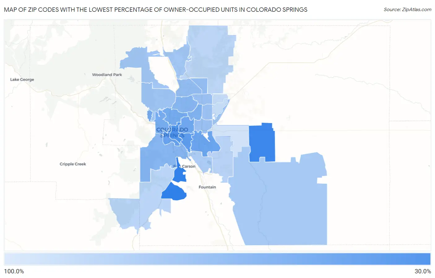 Zip Codes with the Lowest Percentage of Owner-Occupied Units in Colorado Springs Map