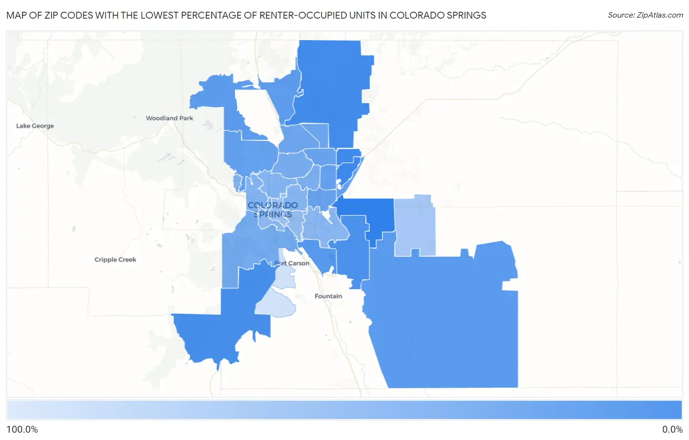 Zip Codes with the Lowest Percentage of Renter-Occupied Units in Colorado Springs Map