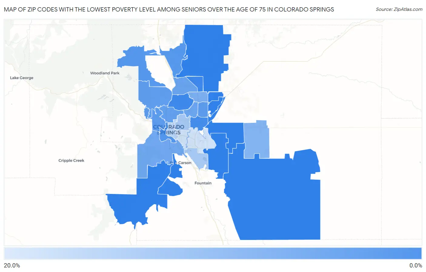 Zip Codes with the Lowest Poverty Level Among Seniors Over the Age of 75 in Colorado Springs Map