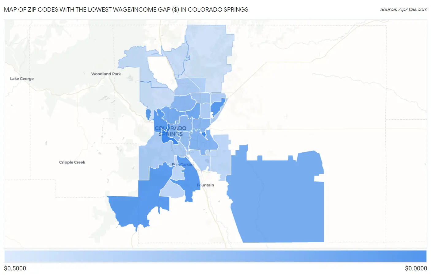 Zip Codes with the Lowest Wage/Income Gap ($) in Colorado Springs Map