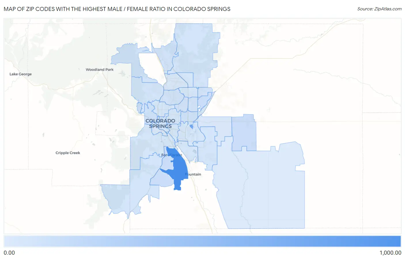 Zip Codes with the Highest Male / Female Ratio in Colorado Springs Map