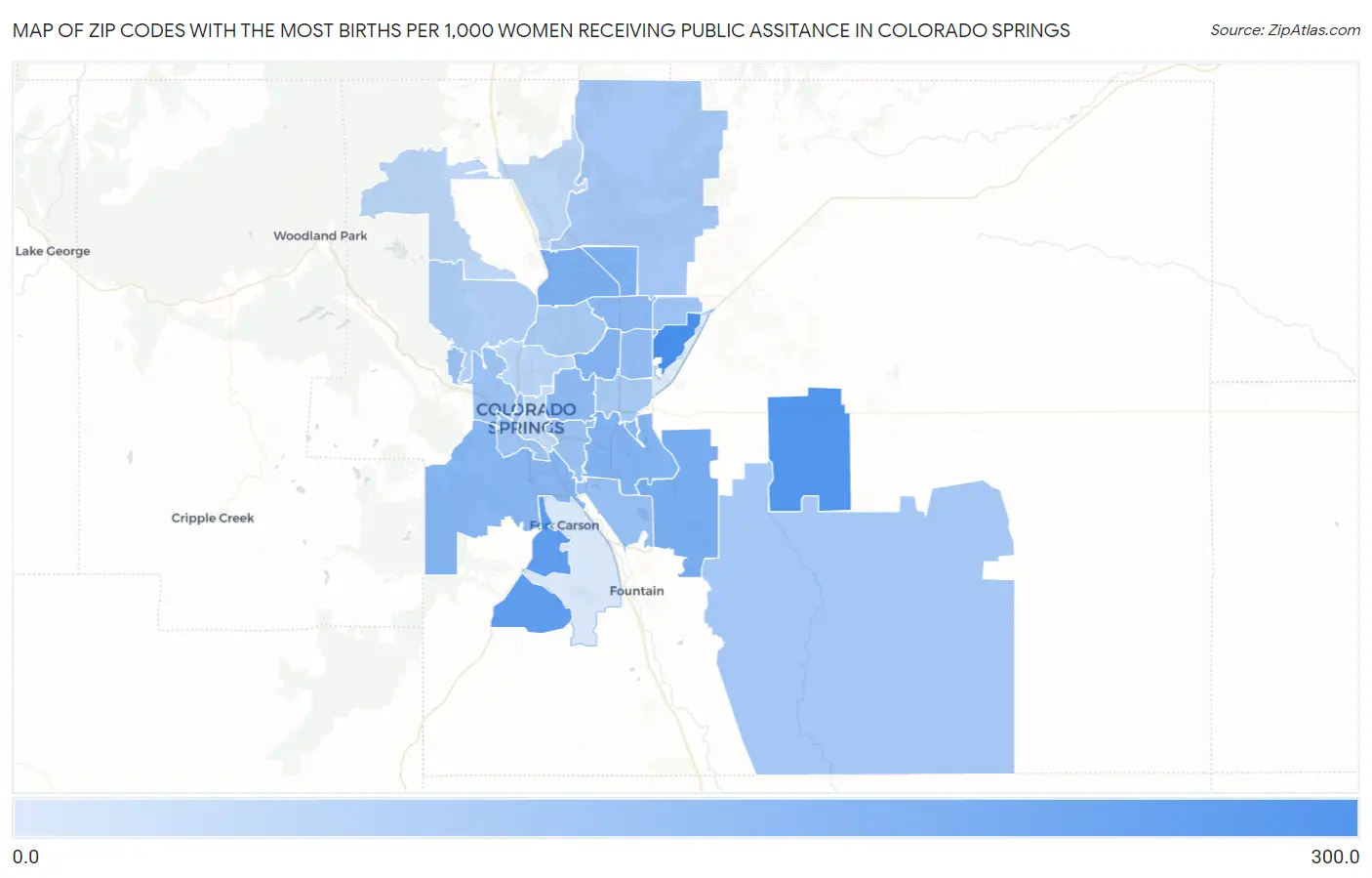 Zip Codes with the Most Births per 1,000 Women Receiving Public Assitance in Colorado Springs Map