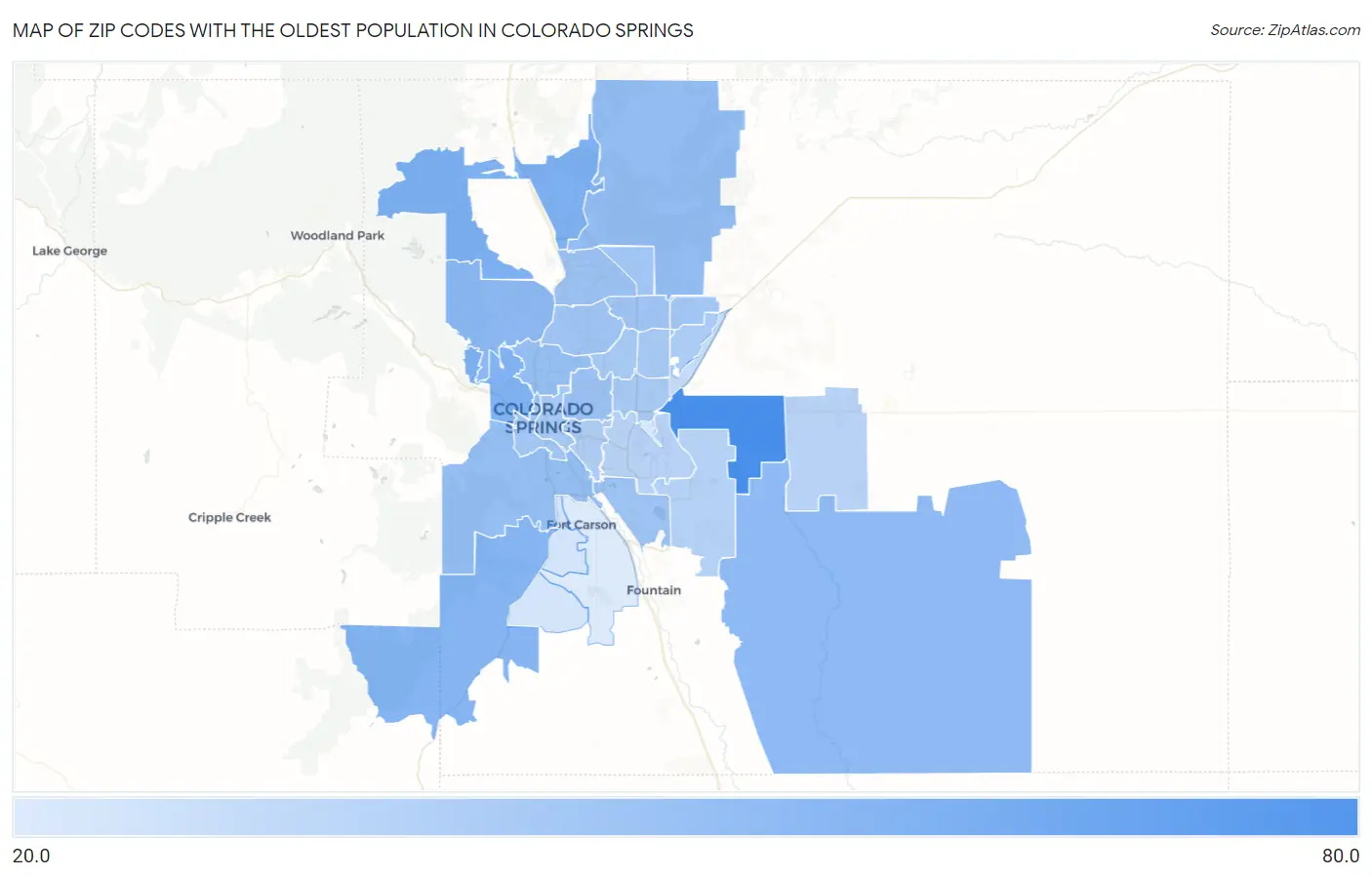 Zip Codes with the Oldest Population in Colorado Springs Map