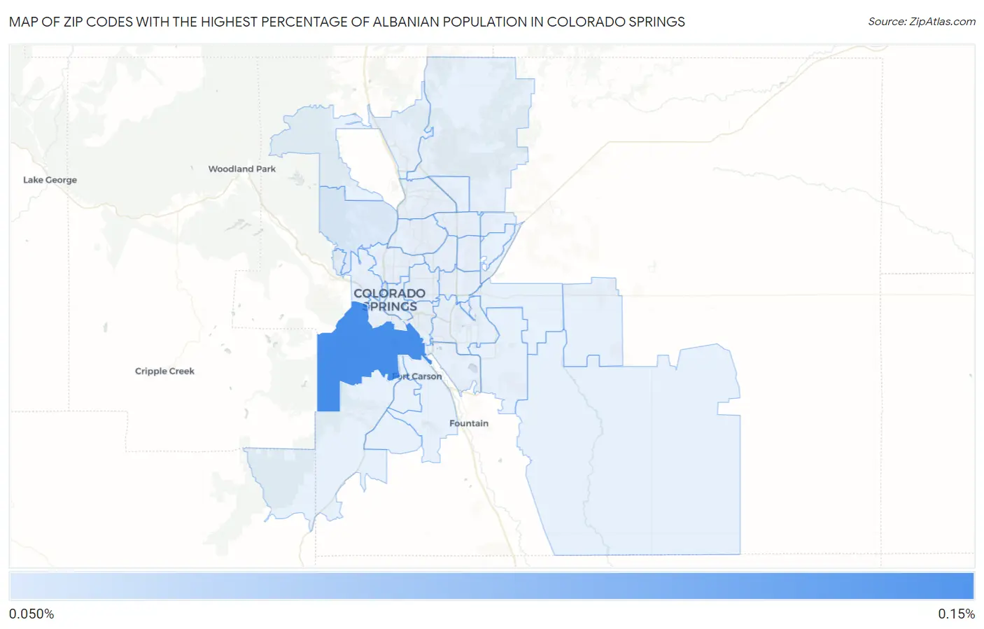 Zip Codes with the Highest Percentage of Albanian Population in Colorado Springs Map