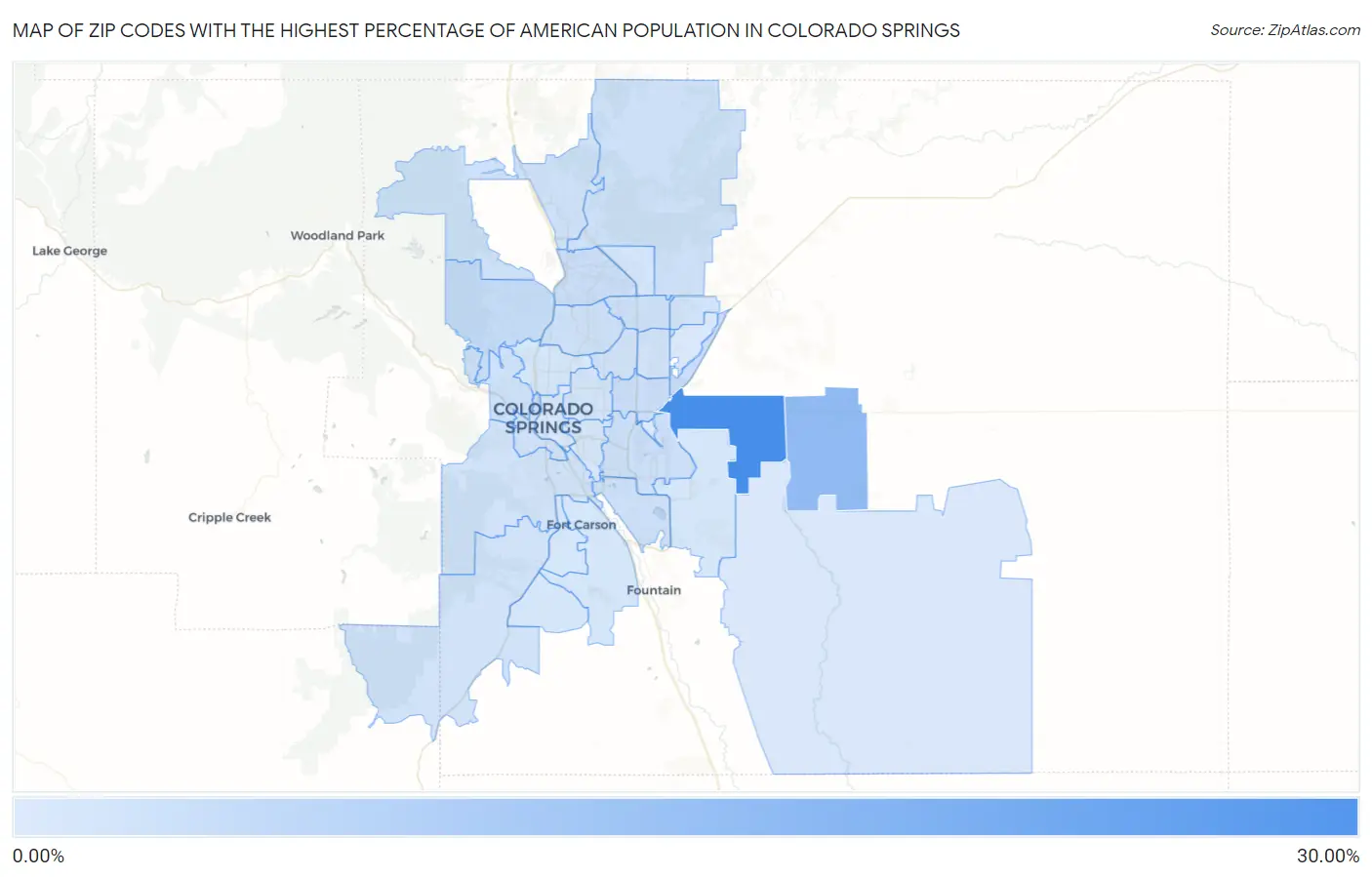 Zip Codes with the Highest Percentage of American Population in Colorado Springs Map