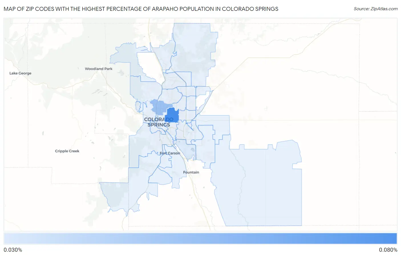 Zip Codes with the Highest Percentage of Arapaho Population in Colorado Springs Map