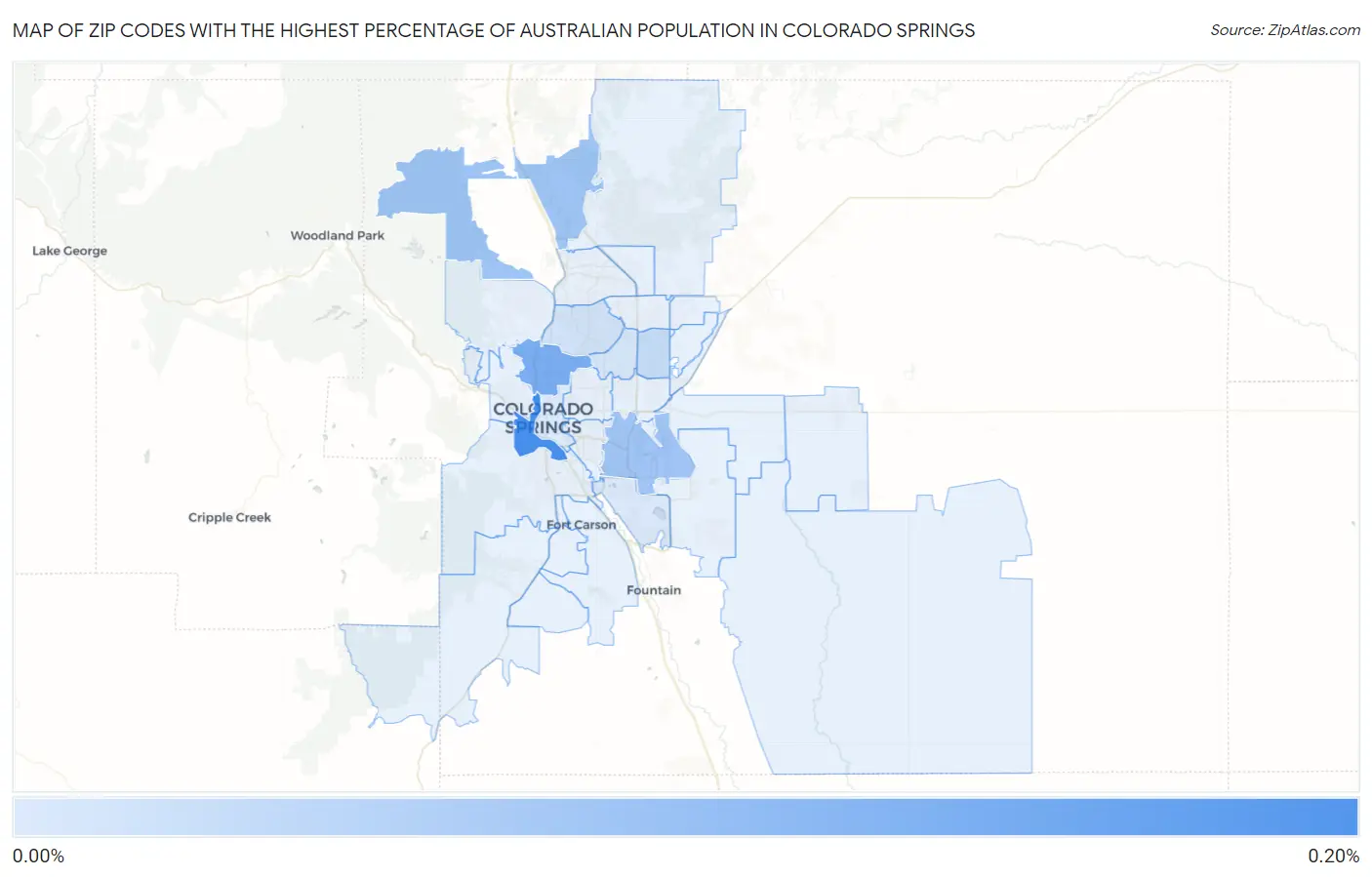 Zip Codes with the Highest Percentage of Australian Population in Colorado Springs Map