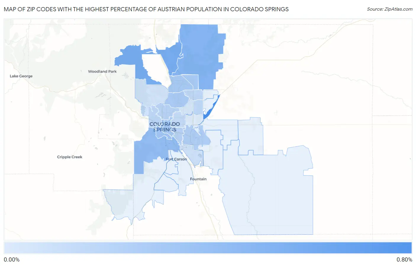 Zip Codes with the Highest Percentage of Austrian Population in Colorado Springs Map