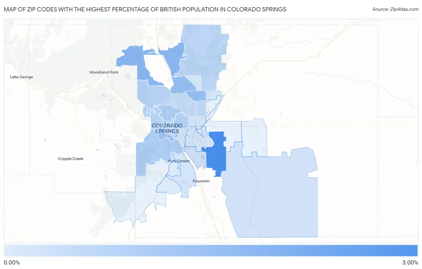 Zip Codes with the Highest Percentage of British Population in Colorado Springs Map