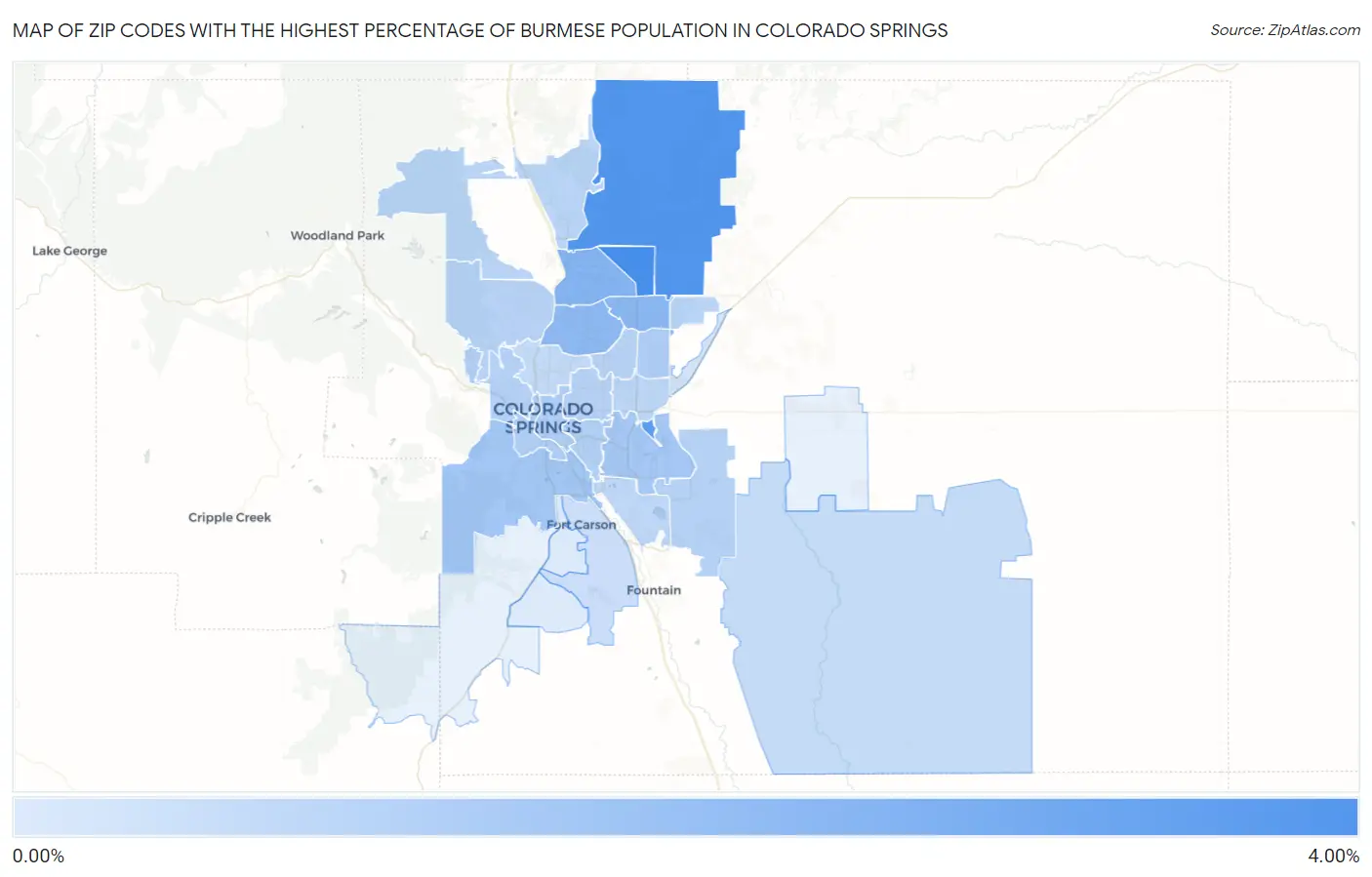 Zip Codes with the Highest Percentage of Burmese Population in Colorado Springs Map
