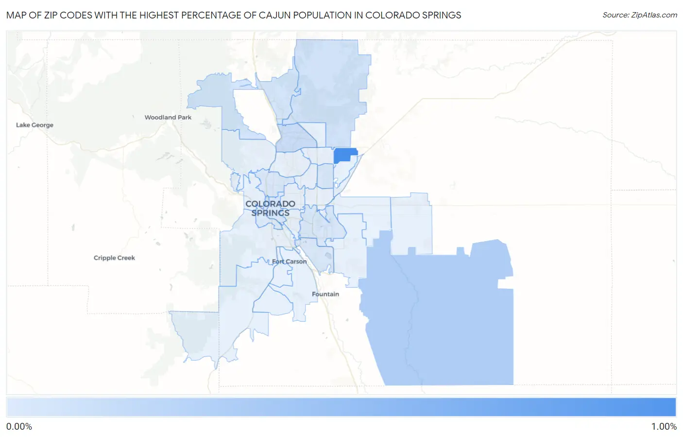 Zip Codes with the Highest Percentage of Cajun Population in Colorado Springs Map