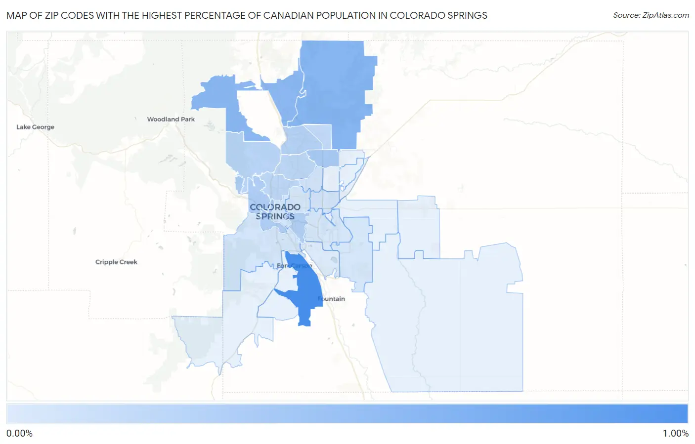 Zip Codes with the Highest Percentage of Canadian Population in Colorado Springs Map