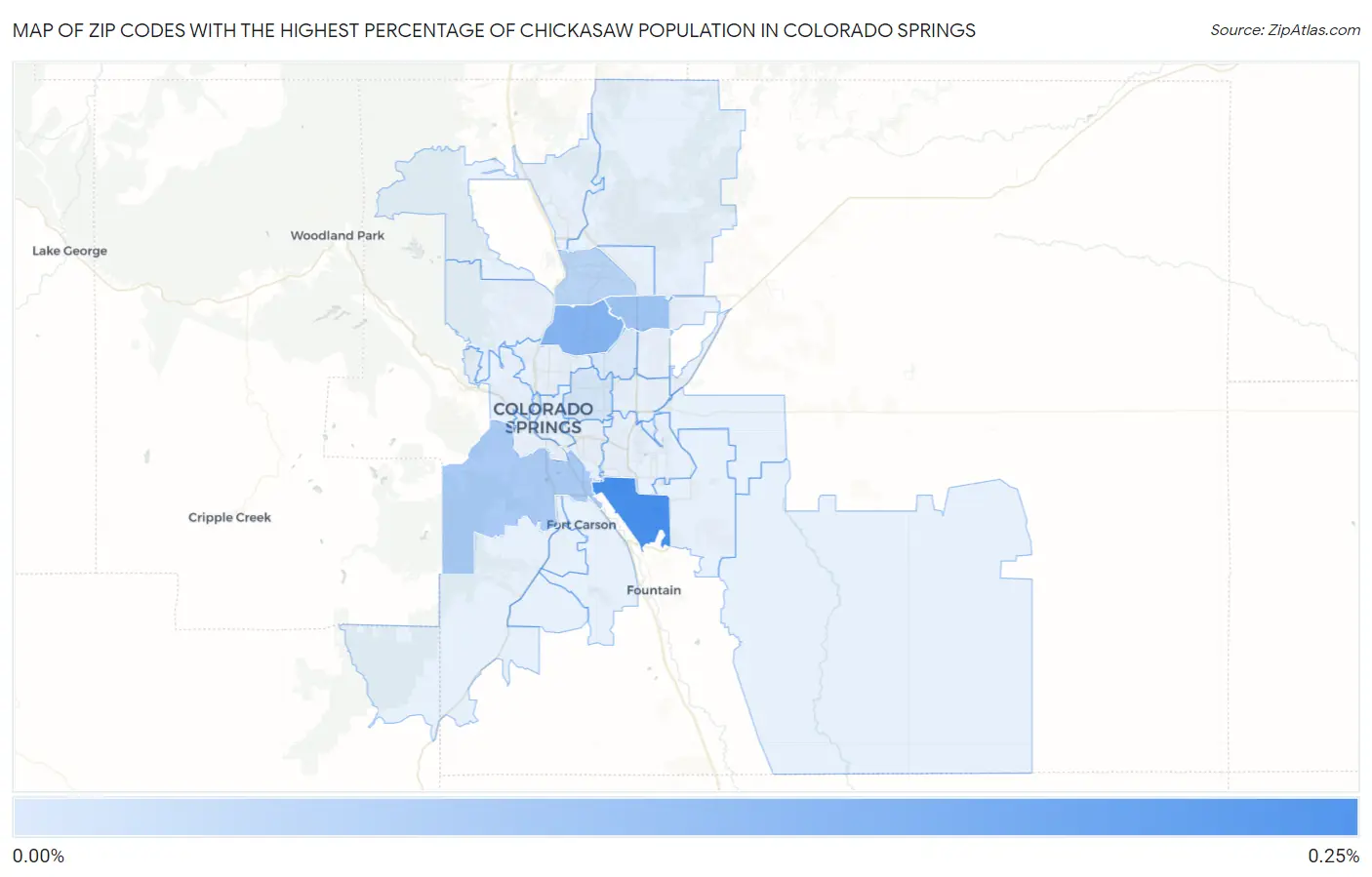 Zip Codes with the Highest Percentage of Chickasaw Population in Colorado Springs Map