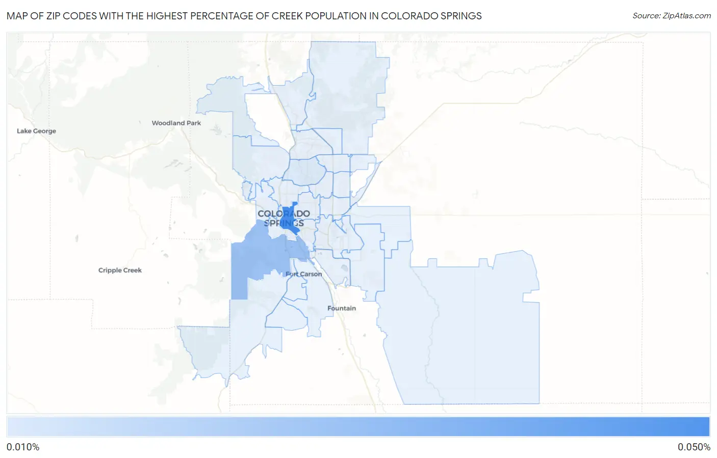 Zip Codes with the Highest Percentage of Creek Population in Colorado Springs Map