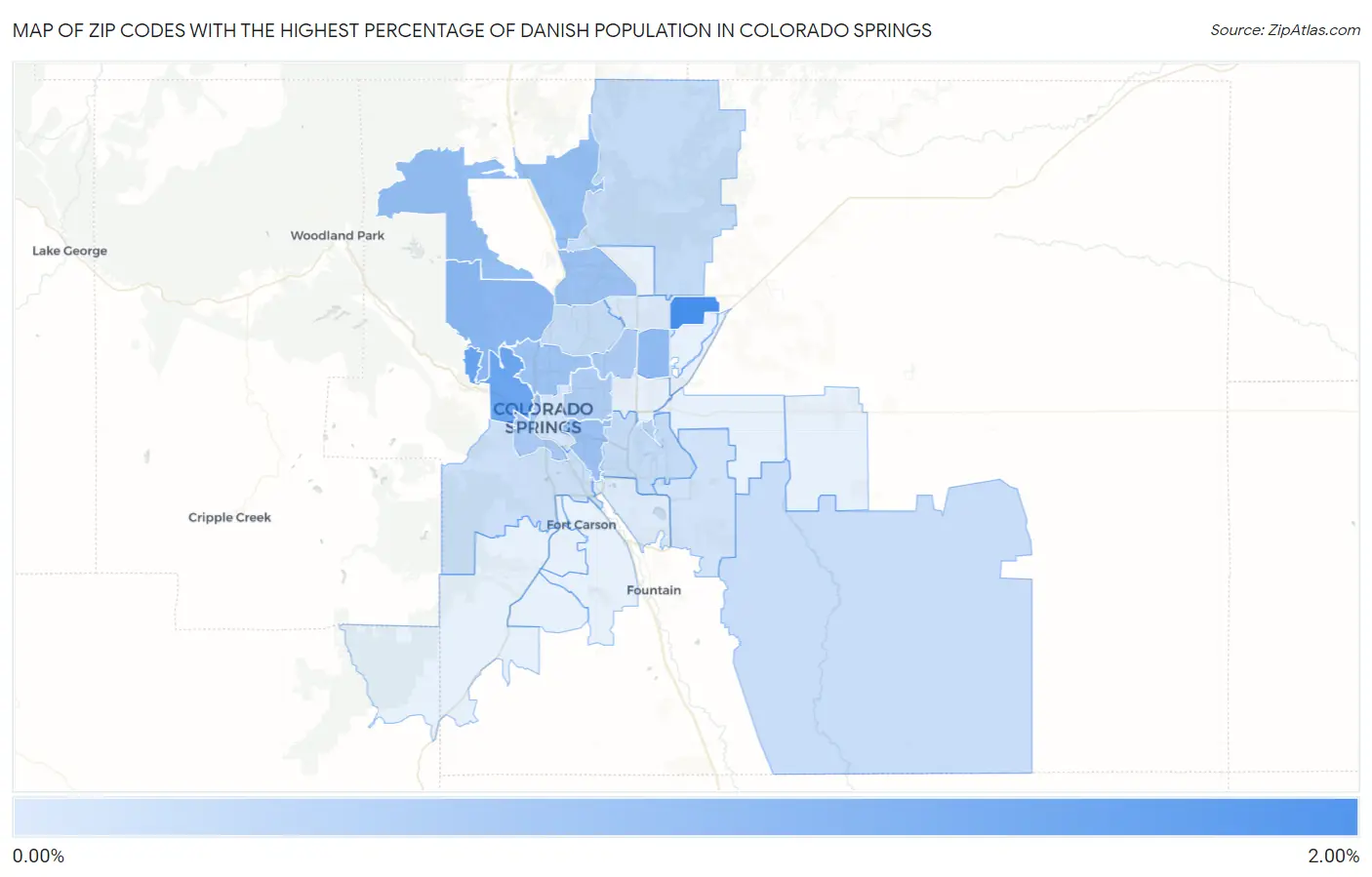 Zip Codes with the Highest Percentage of Danish Population in Colorado Springs Map