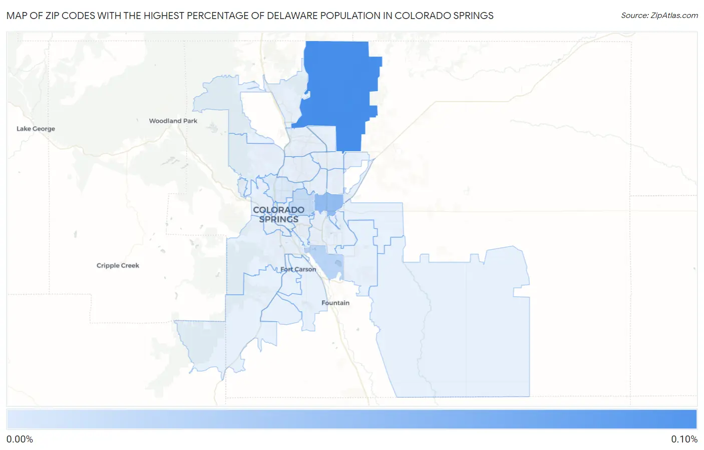 Zip Codes with the Highest Percentage of Delaware Population in Colorado Springs Map