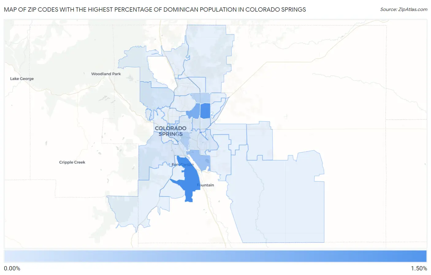 Zip Codes with the Highest Percentage of Dominican Population in Colorado Springs Map
