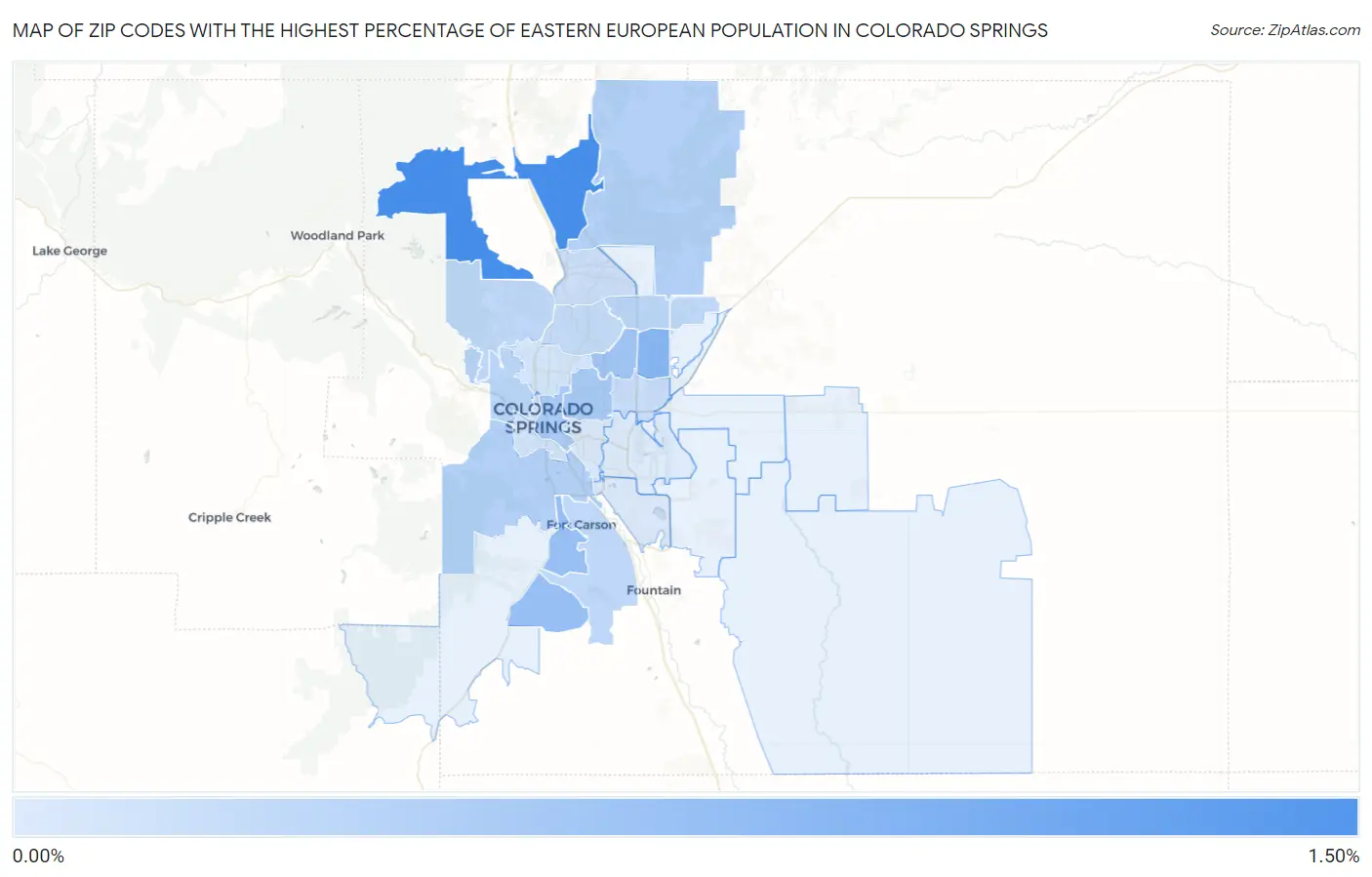 Zip Codes with the Highest Percentage of Eastern European Population in Colorado Springs Map