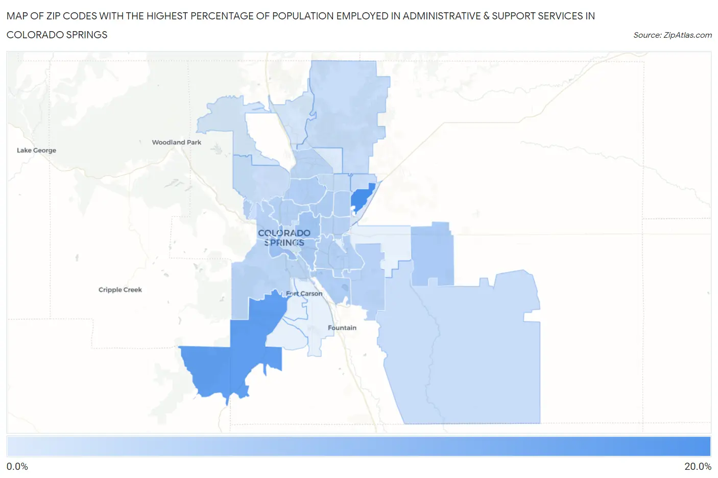 Zip Codes with the Highest Percentage of Population Employed in Administrative & Support Services in Colorado Springs Map