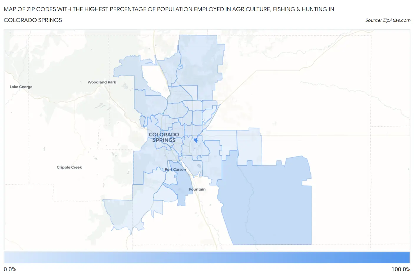 Zip Codes with the Highest Percentage of Population Employed in Agriculture, Fishing & Hunting in Colorado Springs Map