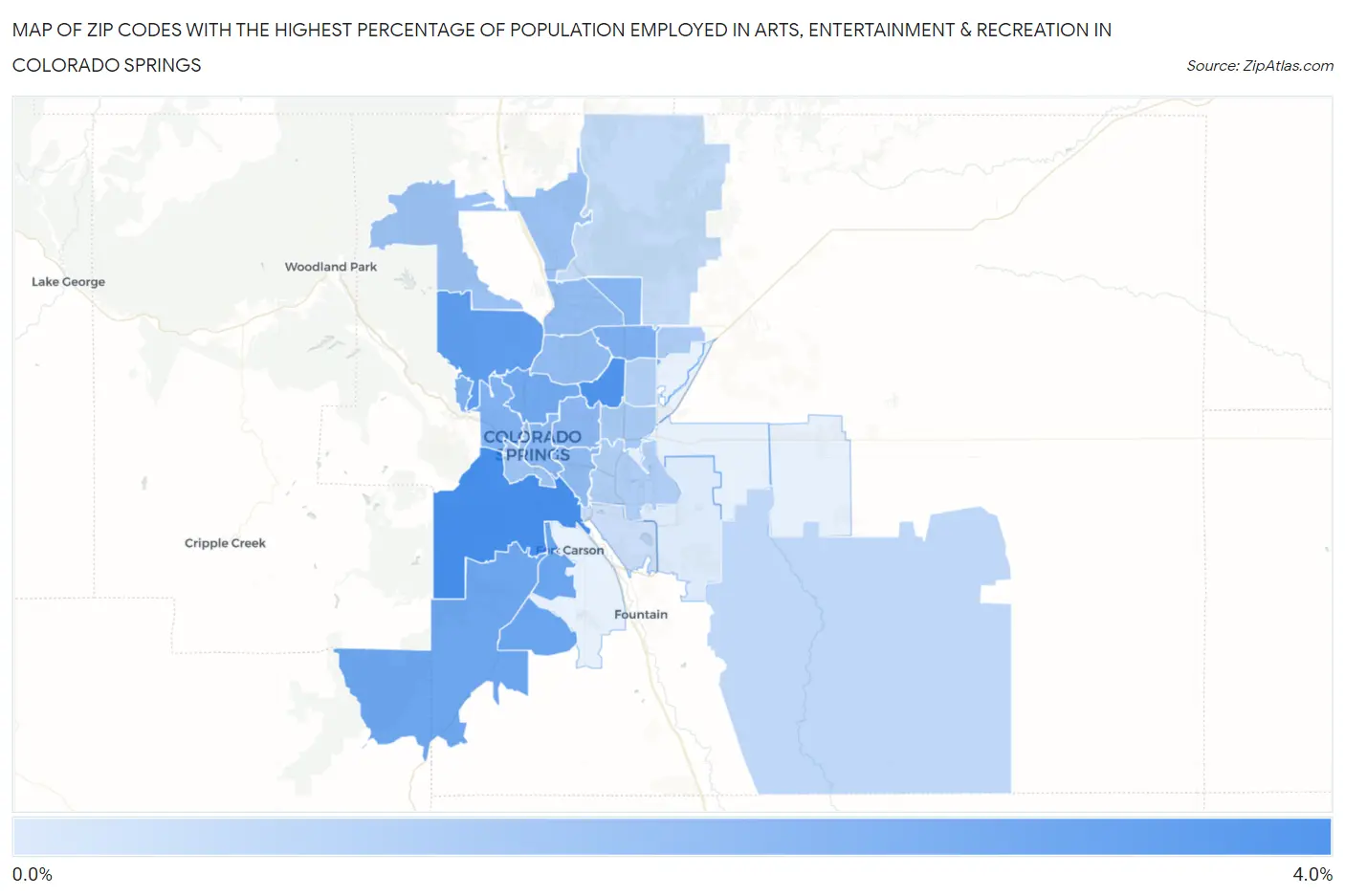 Zip Codes with the Highest Percentage of Population Employed in Arts, Entertainment & Recreation in Colorado Springs Map