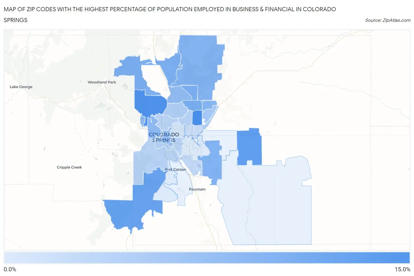 Zip Codes with the Highest Percentage of Population Employed in Business & Financial in Colorado Springs Map