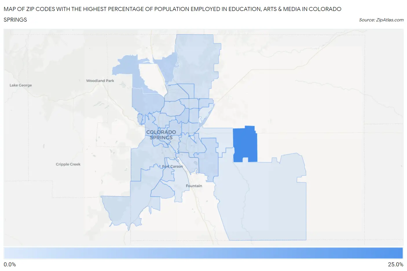 Zip Codes with the Highest Percentage of Population Employed in Education, Arts & Media in Colorado Springs Map