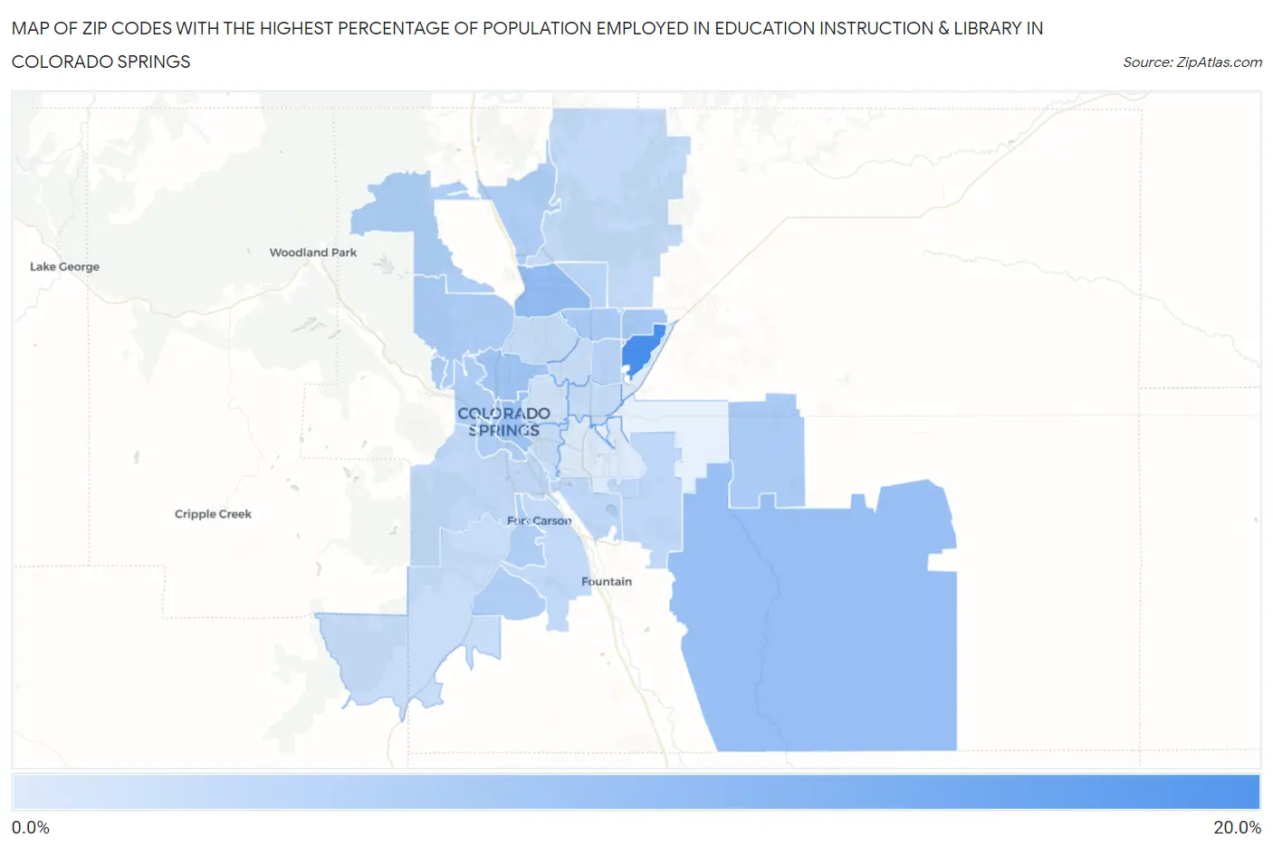 Zip Codes with the Highest Percentage of Population Employed in Education Instruction & Library in Colorado Springs Map