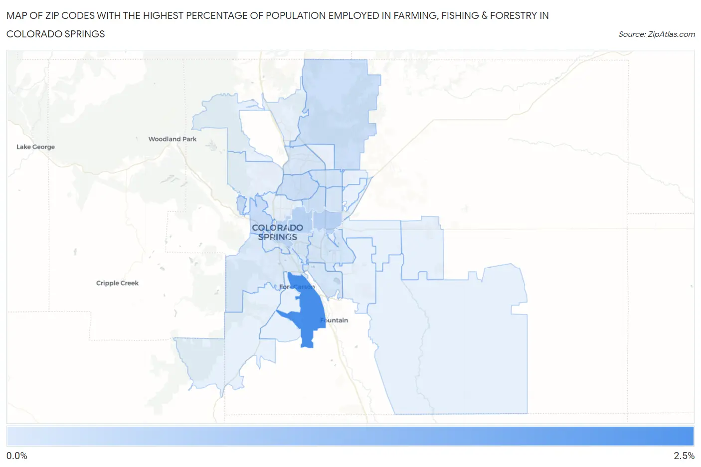 Zip Codes with the Highest Percentage of Population Employed in Farming, Fishing & Forestry in Colorado Springs Map