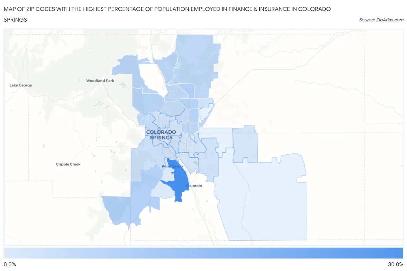 Zip Codes with the Highest Percentage of Population Employed in Finance & Insurance in Colorado Springs Map