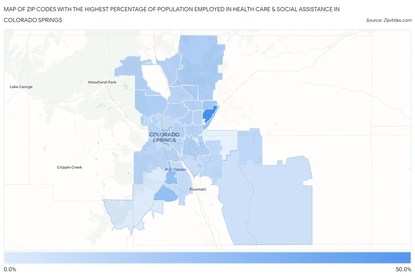 Zip Codes with the Highest Percentage of Population Employed in Health Care & Social Assistance in Colorado Springs Map