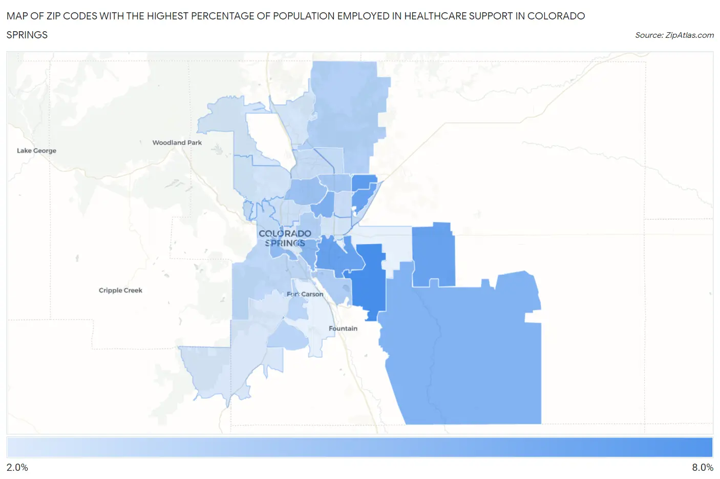 Zip Codes with the Highest Percentage of Population Employed in Healthcare Support in Colorado Springs Map