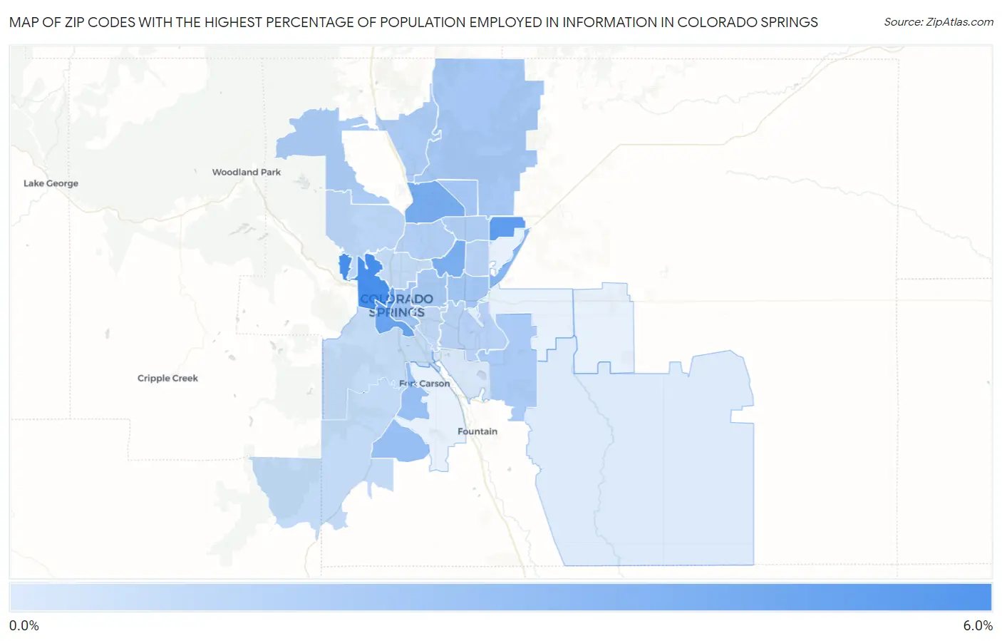 Zip Codes with the Highest Percentage of Population Employed in Information in Colorado Springs Map