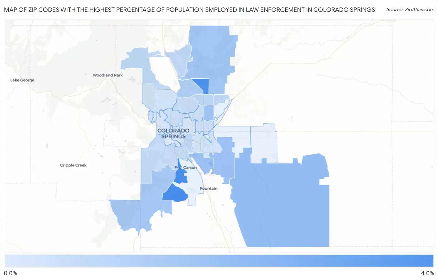 Zip Codes with the Highest Percentage of Population Employed in Law Enforcement in Colorado Springs Map