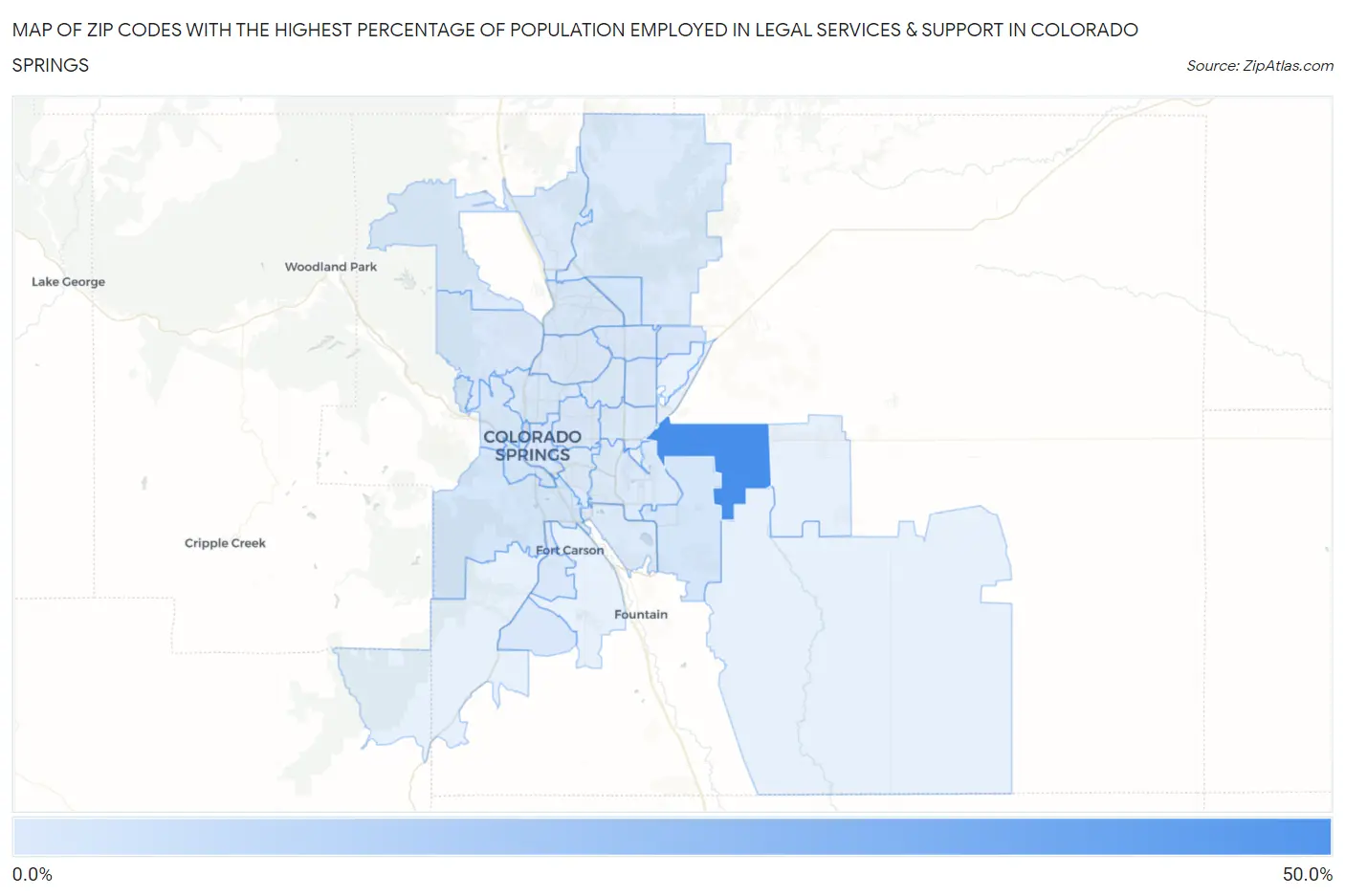 Zip Codes with the Highest Percentage of Population Employed in Legal Services & Support in Colorado Springs Map