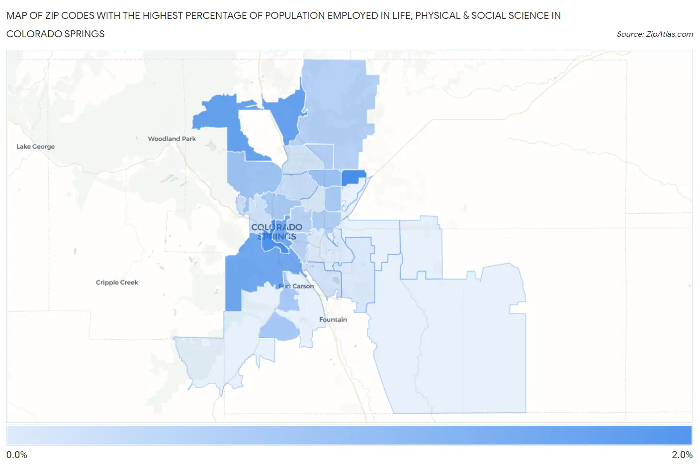 Zip Codes with the Highest Percentage of Population Employed in Life, Physical & Social Science in Colorado Springs Map
