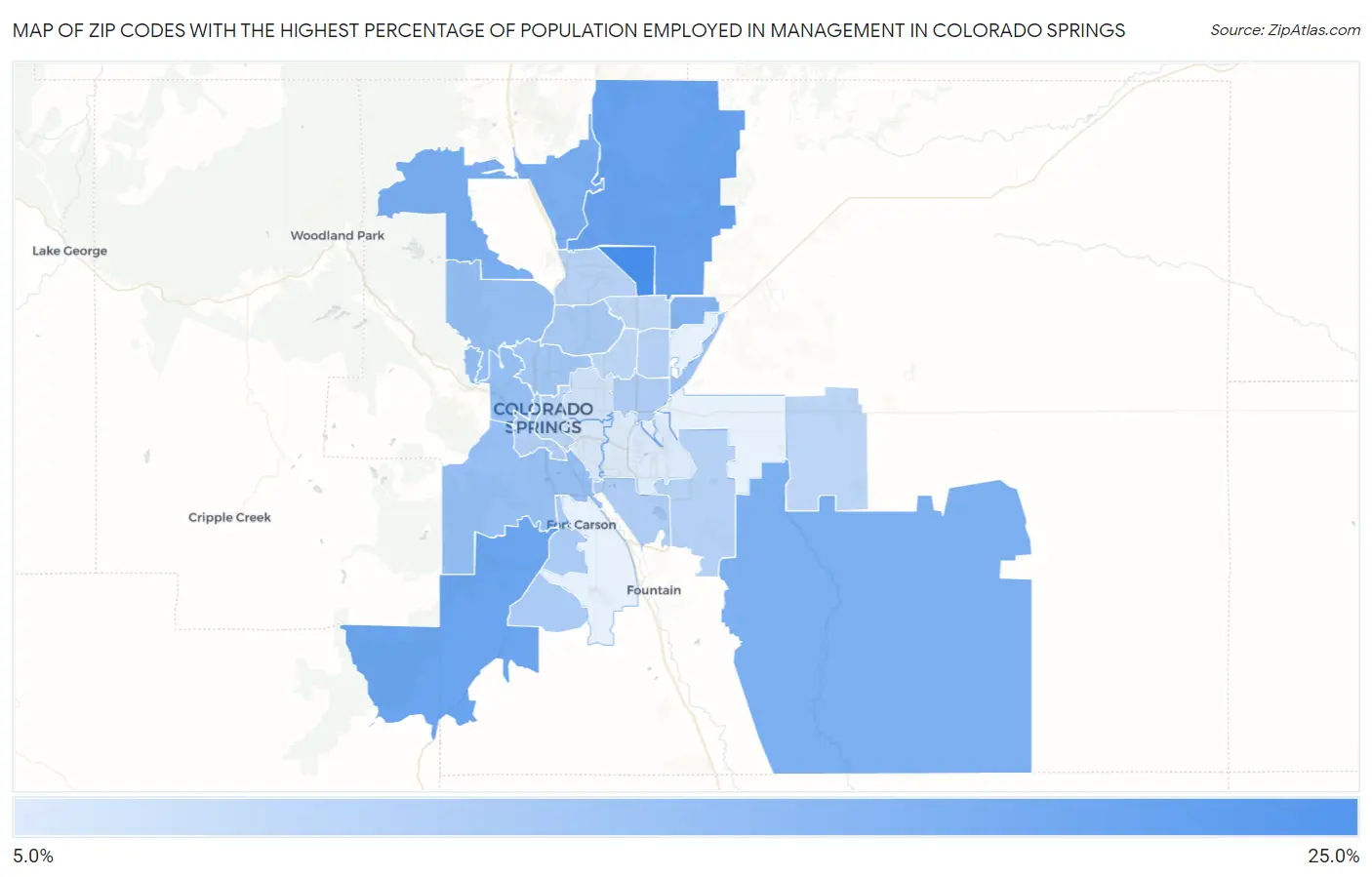 Zip Codes with the Highest Percentage of Population Employed in Management in Colorado Springs Map