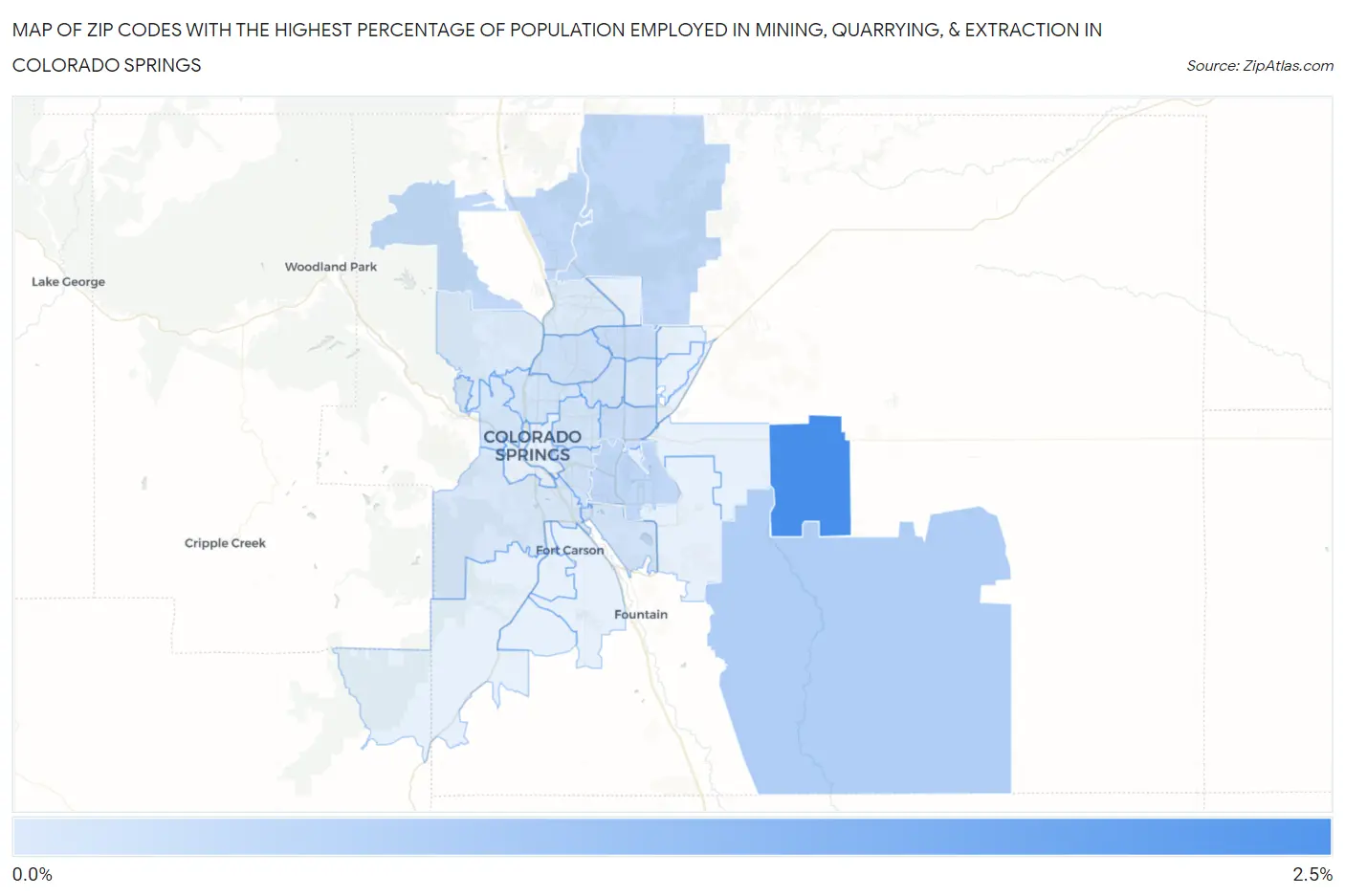 Zip Codes with the Highest Percentage of Population Employed in Mining, Quarrying, & Extraction in Colorado Springs Map